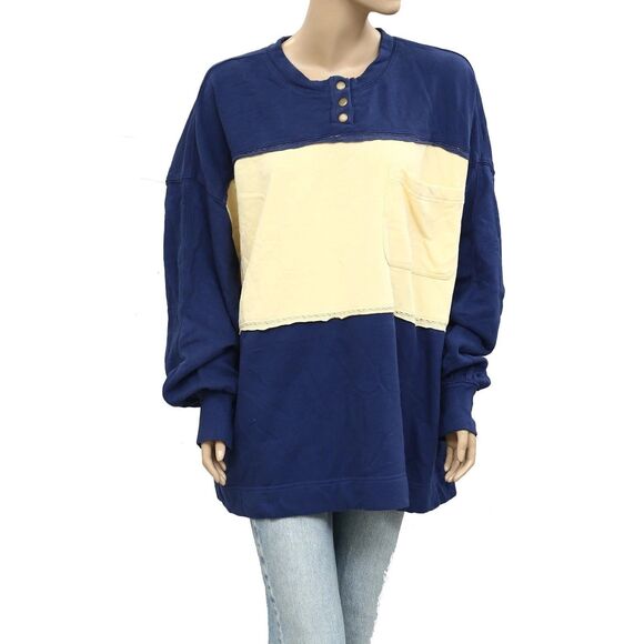 Free People Strawberry Sweatshirt Top Pullover Colorblock Ribbed Blue S 284051 - Picture 5 of 9